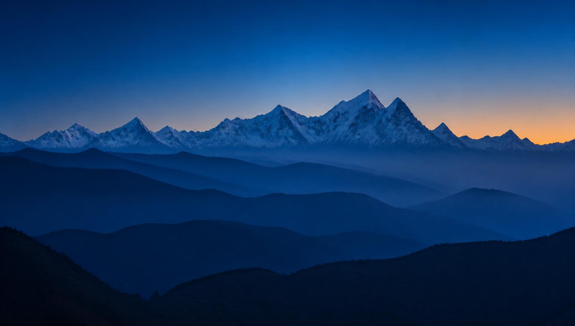 Himalayan mountain ridges at blue hour